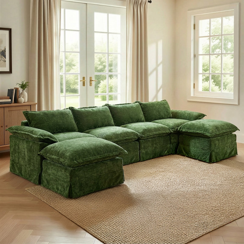 Boneless Modular Sectional Sofa, Double-Layer U-Shaped Cushion Cloud Comfort Couch, Green, 30" H x 157.48" W x 41.73" D