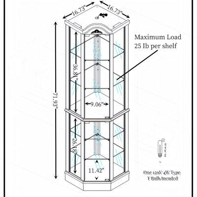 Glass Cabinet Lighted Corner Cabinet Corner Display Curio Cabinet, Glass Display With Light(Included)Bar Cabinet,Wine Cabinet with Adjustable Glass Shelves Carved Decoration(Included)