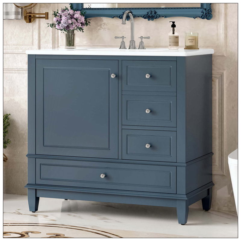 Lavabo de salle de bain autoportant en céramique avec 3 tiroirs et trous de robinet, Bleu