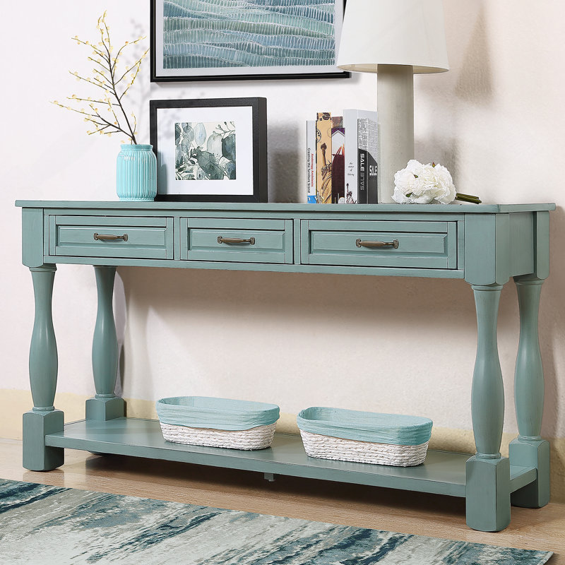 Console de 63 po de long en bois avec 3 tiroirs et 1 tablette inférieure pour le vestibule, Bleu rétro