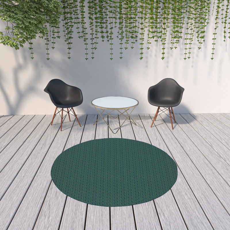 Navy and Green Geometric Stain-Resistant Synthetic Runner Rug