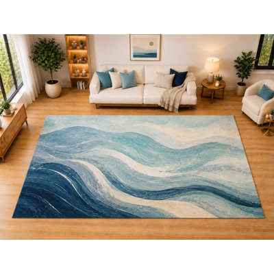 "Ultra Light Weight" Large 6'7" x 9'10" Abstract Ocean Wave Area Rug for Living Room, Bedroom, Dining Room, Soft Low Pile Non-Slip Backing, Blue Aqua
