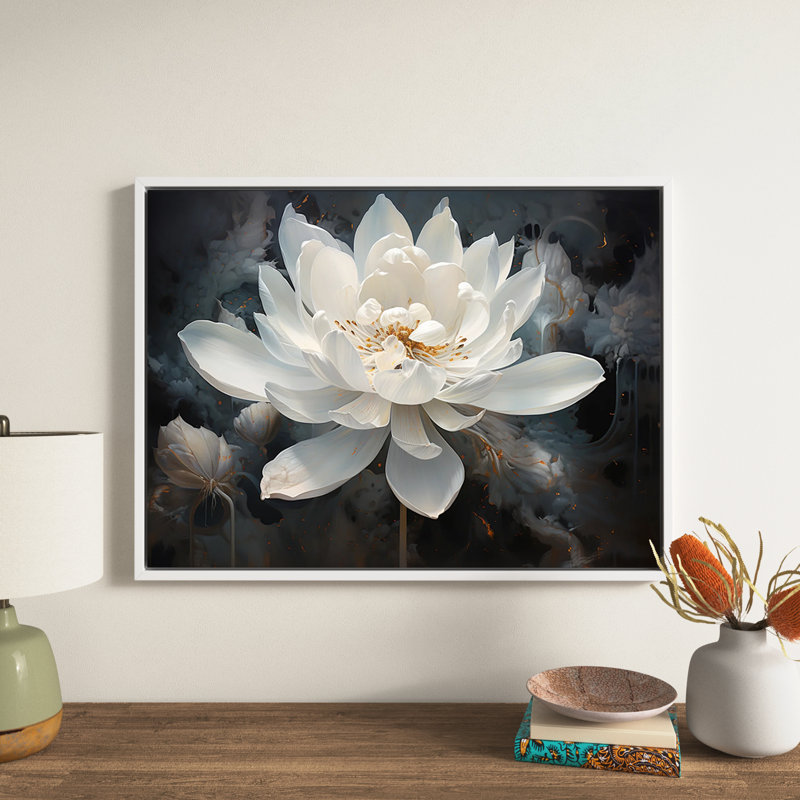 Serenity Blossum Lotus - Print on Canvas, 30" H x 40" W, Floater Framed Print, Black