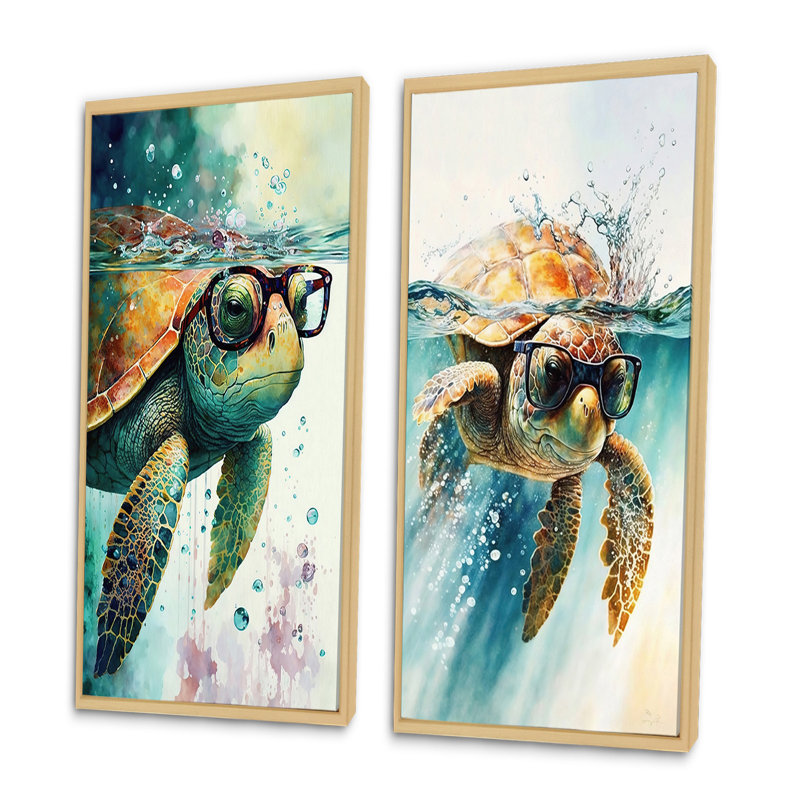 Tortue avec lunettes dans l'océan II - ensemble d'art mural tortue 2 pièces, Encadrement brun, H 32 po x l 32 po