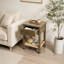 Table de chevet en bois gris antique avec bords arrondis, tablette tissée et tiroir de rangement pour la chambre à coucher et le salon