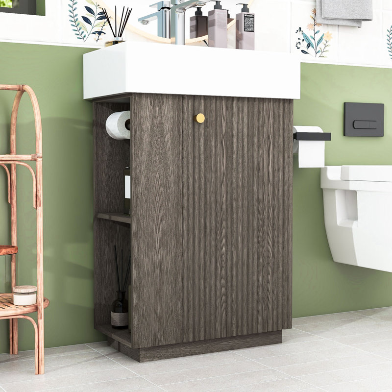 Meuble-lavabo simple autoportant moderne avec lavabo en céramique, porte à fermeture en douceur et grand espace de rangement