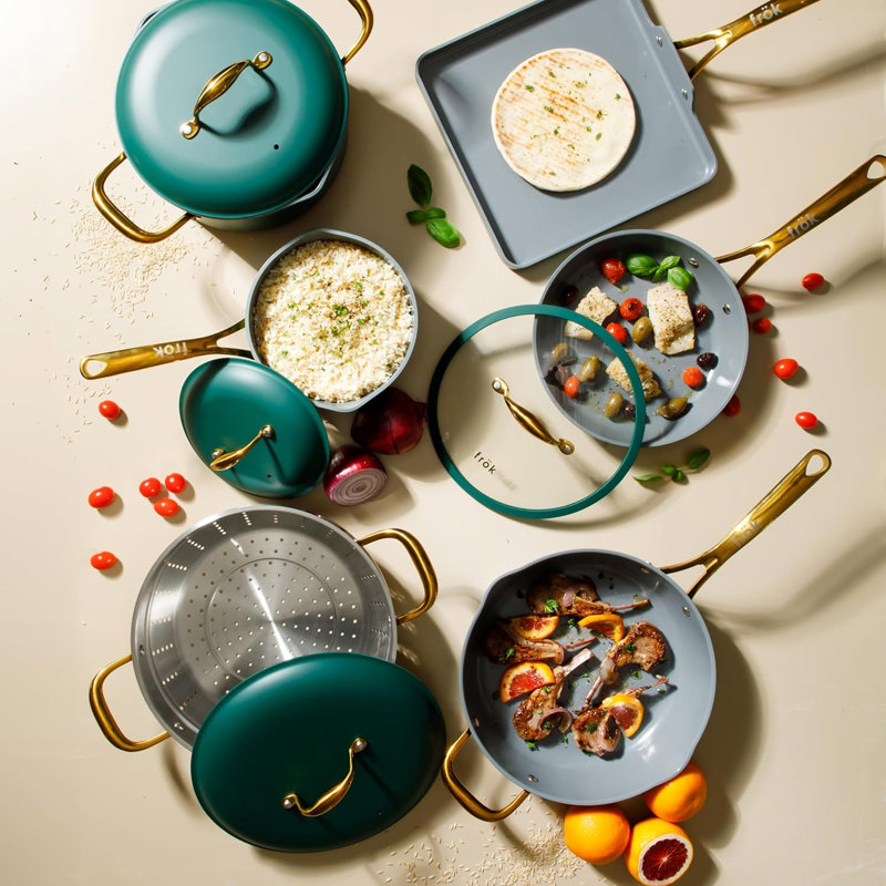 Ensemble de batterie de cuisine antiadhésive en aluminium vert 10 pièces avec poignées dorées Frok