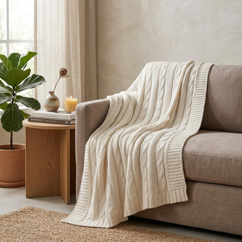Ivory Knitted 100% Cotton Throw Blanket