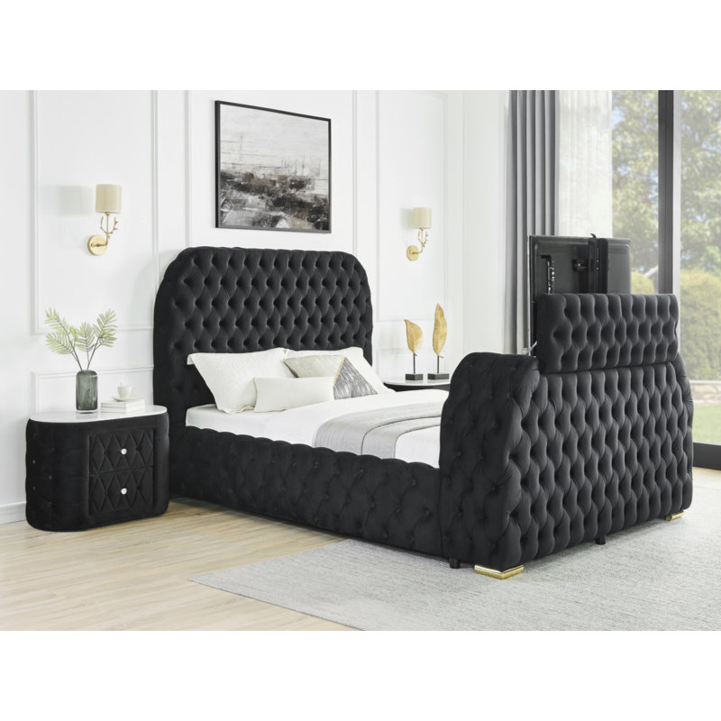 1Pc Oval Faux Marble Top Nightstand 2- Drawers StorageButton Tufted Faux Crystal Tufted, Black