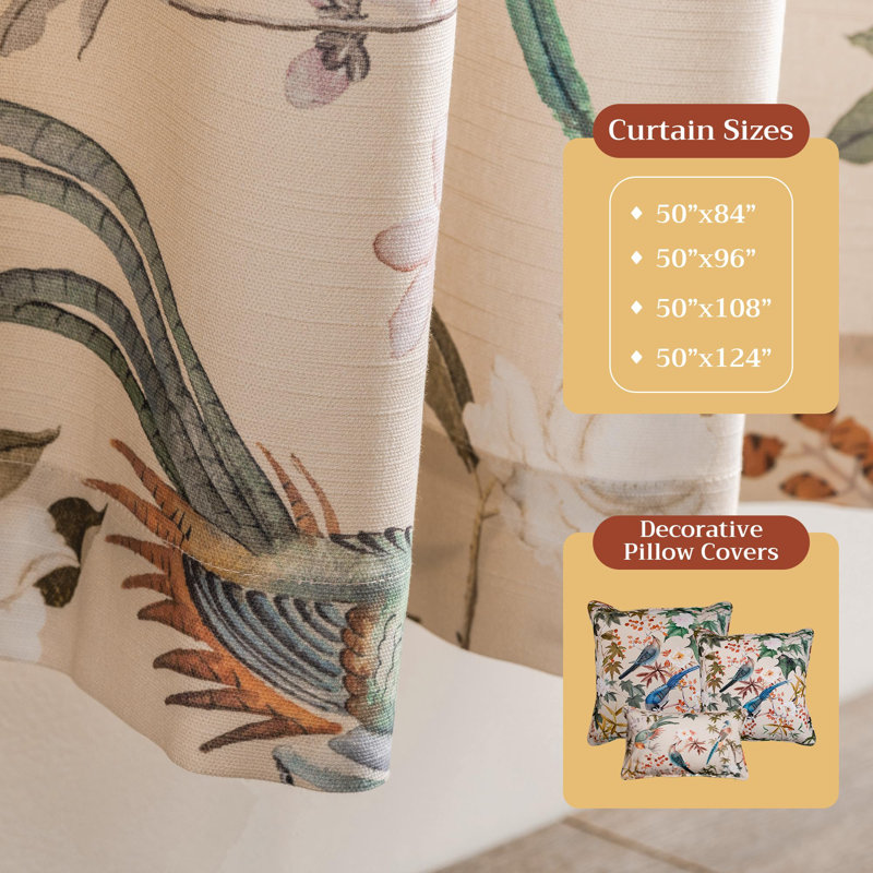 Maison d'Hermine Hokuzai - Beige 100% Cotton Set of 2 Curtain - 50" x 124", 50" W x 124" L