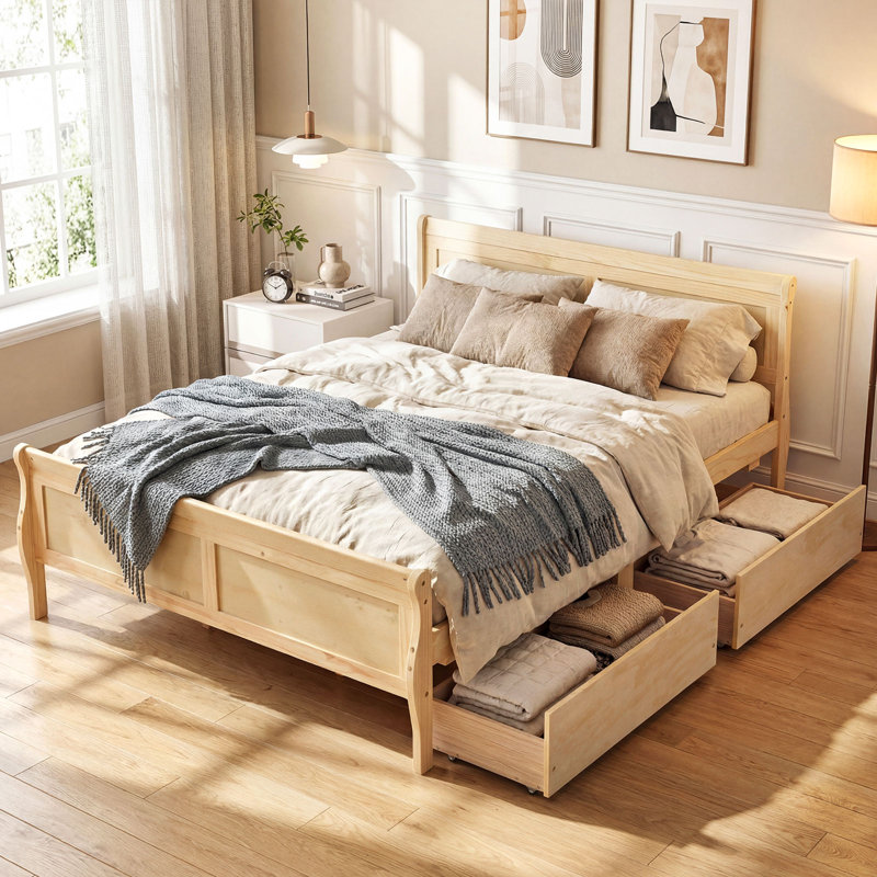 Structure de lit double avec tiroirs de rangement, lit plateforme en bois avec tête de lit, Full / Double, Beige