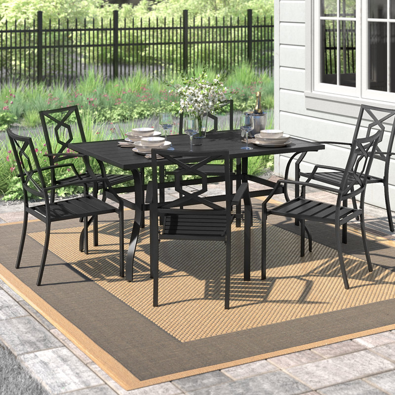 Modbury Outdoor 5-Piece Dining Set, 4 Iron Chairs, 37 Inch Square Table with 1.57'' Umbrella Hole, for Garden, Black