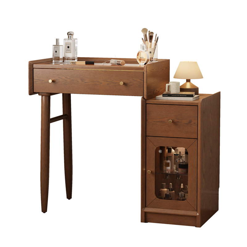 Ensemble de coiffeuse en bois massif avec miroir et tabouret, table de maquillage avec armoire réversible, plateau en verre à DEL et rangement réglable