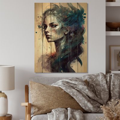 Sensual Woman Impression Watercolor II - Woman Sensual Print on Natural Pine Wood