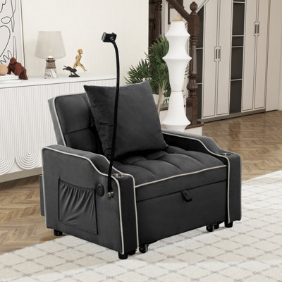 Fauteuil convertible simple, canapé-lit futon en velours 3 en 1 avec support pour téléphone et ports USB, canapé-lit escamotable, fauteuil inclinable réglable pour le salon, le bureau et les petits espaces (noir)