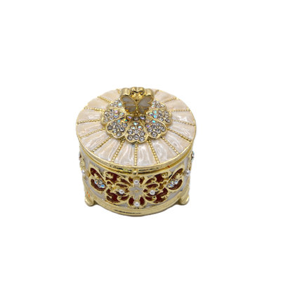 Round Decorative Box with Austrian Crystals & Enamel Beige