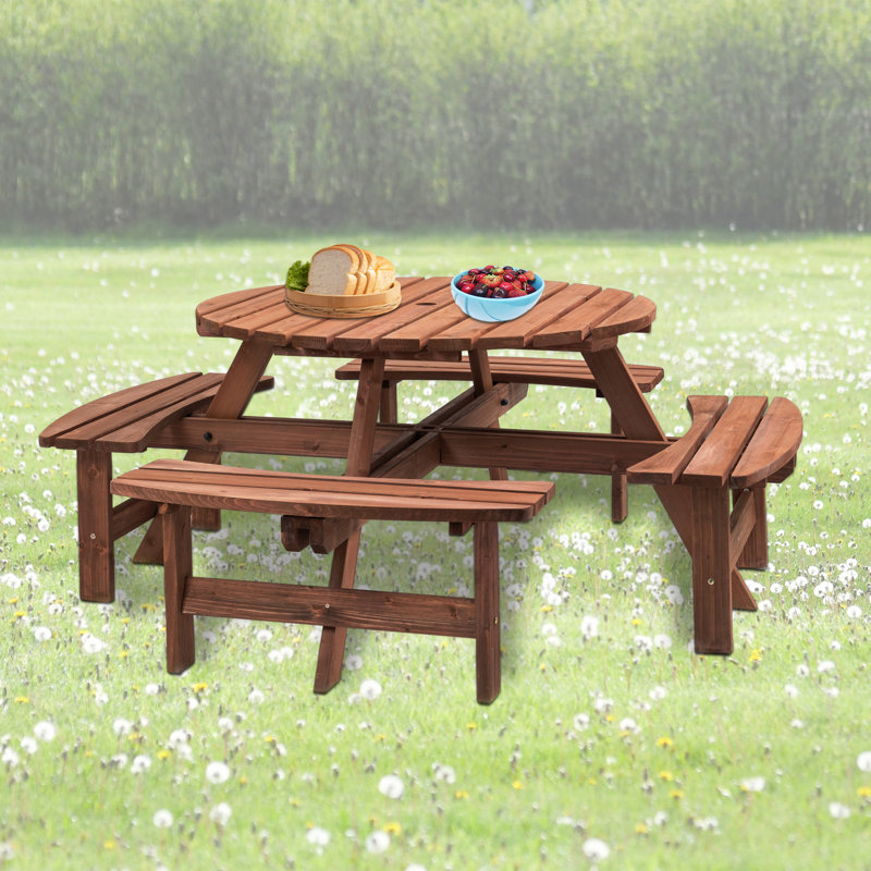 8 Person Wooden Picnic Table, Outdoor Camping Dining Table With Seat, Garden, DIY W/ 4 Built-In Benches, 2220Lb Capacity