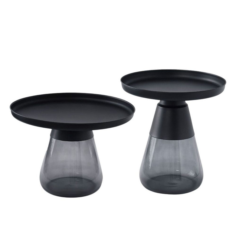 Smoky Grey Colored Glass Base and Matte Black Iron Tray Top Nesting Tables-Set of Two,  24" D & 17" D, Matte Black