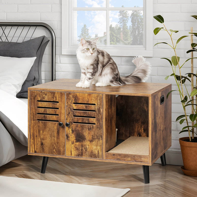 Litière cachée pour chat avec 2 tapis, Brun rustique