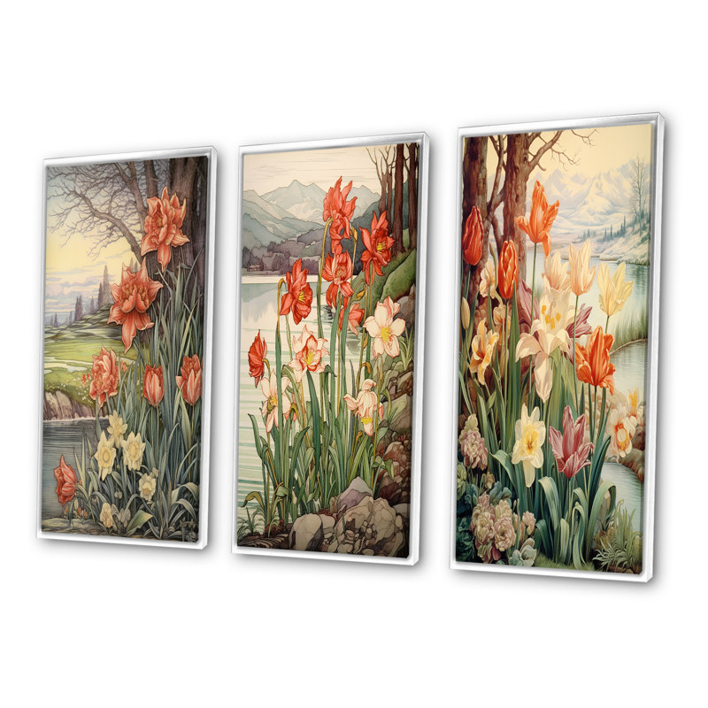 «Red Tulips Blooming Retro Illustration II», 3 pièces, Cadre flottant blanc, H 28 po x l 36 po