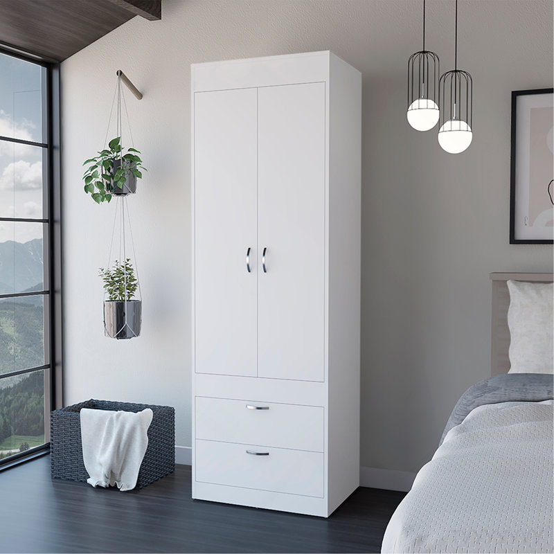 Armoire Tarento, deux tiroirs, finition blanche, Blanc