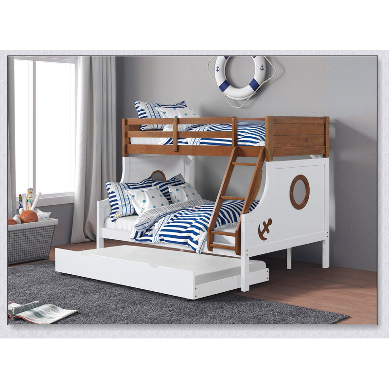 Lit superposé simple au-dessus d'un lit double de style moderne moderne avec des rails en échelle attachés et une structure de joint verrouillable pour la sécurité.