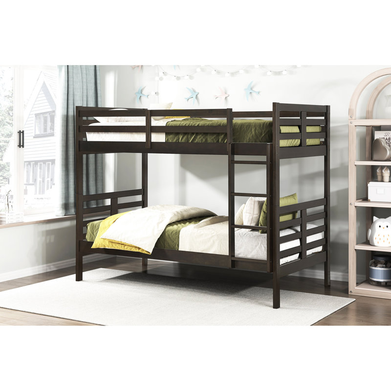 Lit simple au-dessus d'un lit superposé brun foncé, composition en bois, plateau avec garde-corps sécurisés, sans sommier, idéal pour les coins soirée pyjama, poids de 300 lb par lit et mélange d'ingénierie, bonnes taches de sommeil partagées, charge