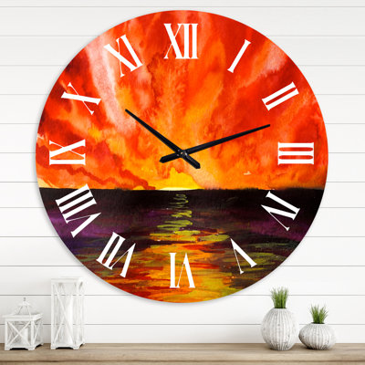 Bright Red Sunset Over Ocean - Modern wall clock
