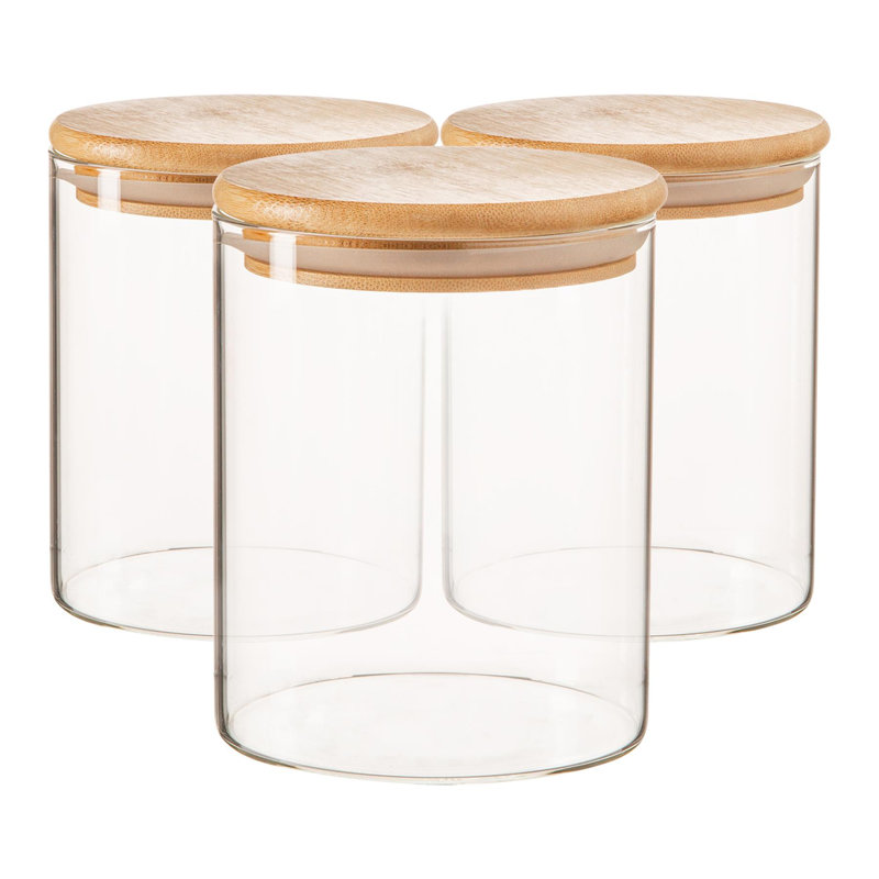 Argon Tableware - Scandi Glass Storage Jars with Wooden Lids - Set of 3, 12.5cm H x 10cm W x 10cm D