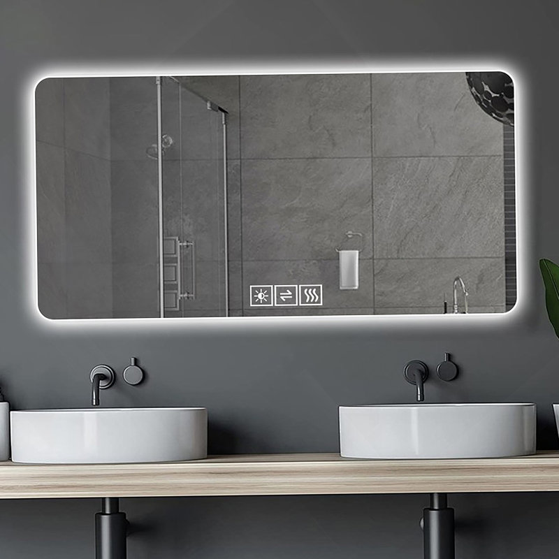 Miroir de salle de bain 28 po x 60 po à DEL, résistant à la corrosion, trois couleurs à intensité variable, miroir rétroéclairé avec fonction de désembuage à une touche