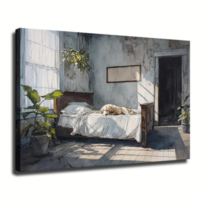 Watercolor Golden Retriever Dog Resting On Vintage Bed Indoor Scene, Large Gallery Wrapped Canvas Wall Art Print For Living Room Bedroom