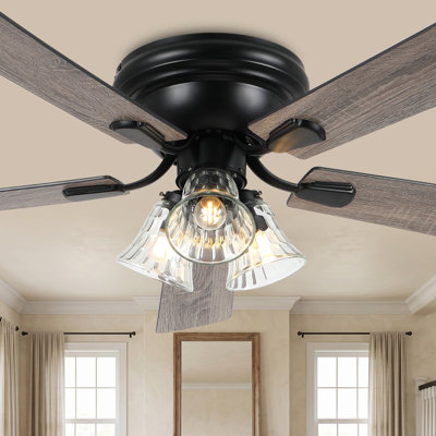 52'' Farmhouse Flush Mount Ceiling Fan with Light and Remote Control, Vintage Low Profile Chandelier Ceiling Fan with Clear Glass