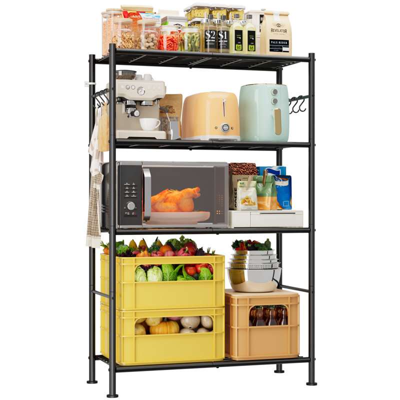 Storage Shelves - 4-Tier Spacious Shelf Organizer with Hooks & Leveling Feet, Easy to Assemble, Rust-Resistant Garage Shelving for Kitchen, Pantry, Bedroom, 33.2" x 12.7" x 57.3", Black