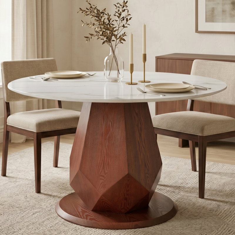 Round Geometric Pedestal Dining Table For 2/4, Durable Kitchen Dining Table With Stong Stability, White