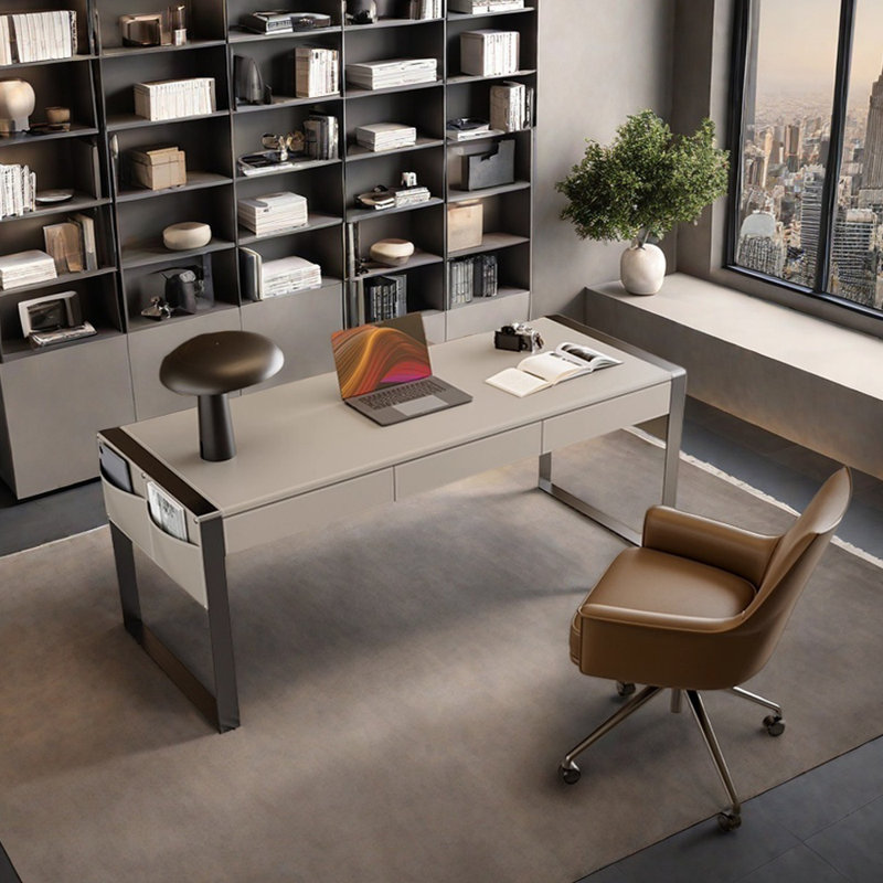 Bureau d'écriture moderne en cuir haut de gamme, Crème, crème, H 29,52 po x l 78,74 po x P 27,55 po