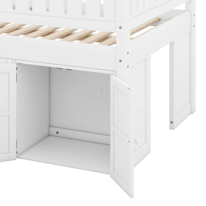 Full Size Low Loft Bed, Wooden Loft Bed With Storage Cabinet And Chalkboard Panel, Open Shelves & Guardrail And Ladder, White