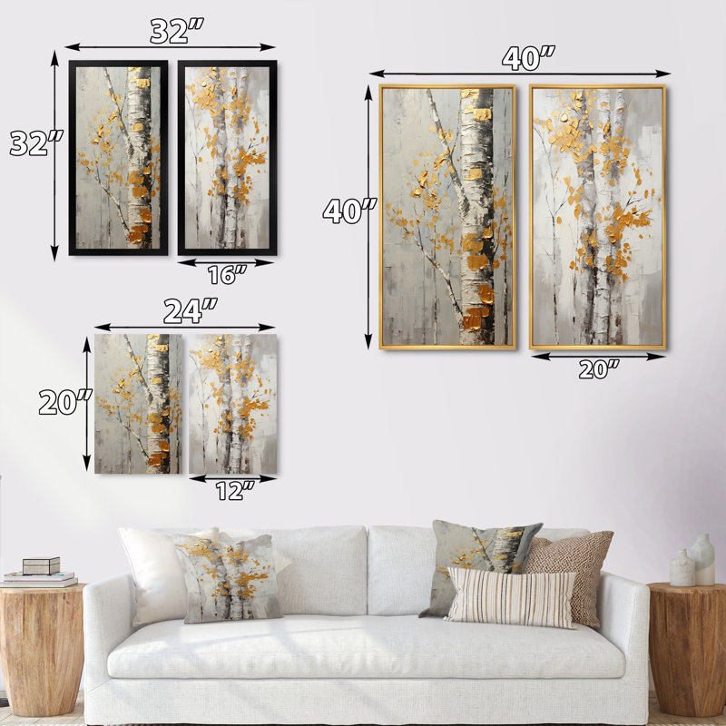 2 pièces sur toile - Tree Whispers Of Grey & Yellow, Toile tendue, H 32 po x l 32 po