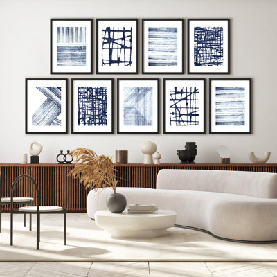 Art mural encadré, ensemble de galerie, collage, coups de pinceau à l'encre marine, illustrations abstraites de motifs noirs et blancs audacieux pour chambre à coucher, salon, bureau - 11 po x 14 po x 9 po noir