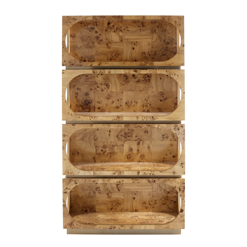 Burled Wood and Brass 4-Shelf Bookcase