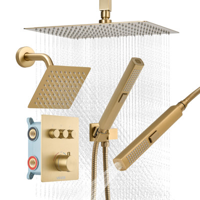 Shower Faucet Set, 12 Inch Thermostatic Ceiling Mount Rainfall Shower System with 6 Inch Wall Mount Head and 2 in 1 Handheld Spray, 3-Function Dual Rain Head Brass Valve and Trim Kit, Chrome