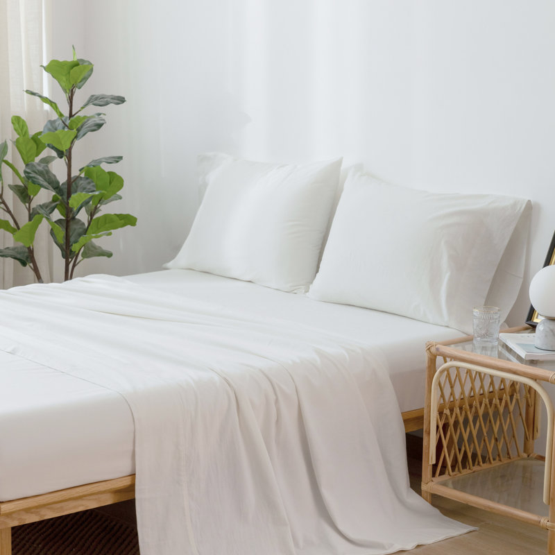 Ensemble de draps MooMee, Ensemble de draps pour très grand lit avec 2 taie, Blanc cassé