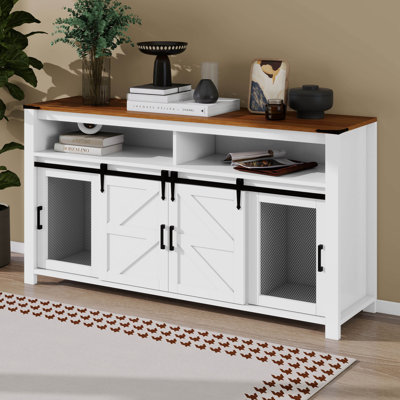 Farmhouse Sideboard With Sliding Barn Door, Mesh Panels And Open Storage