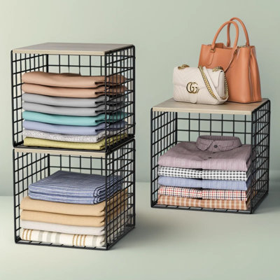 Stackable Closet Organizer Bins with Wood Top, Metal Wire Storage Basket for Wardrobe, Entryway and Home Organization, Space-Saving Shelves