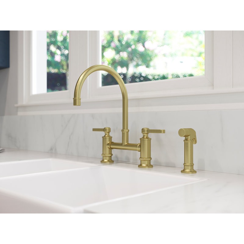 Port Haven Kitchen Bridge Faucet with Side Spray, Brushed Gold