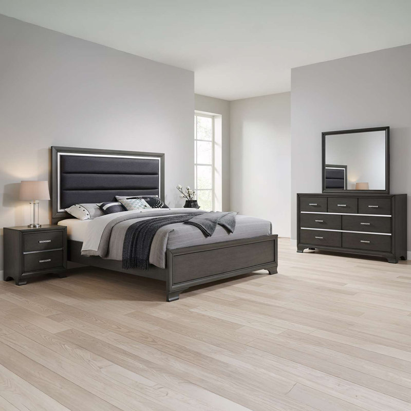 Ensemble de chambre avec très grand lit 4 pièces avec lit tapissier, commode, miroir et table de chevet gris anthracite