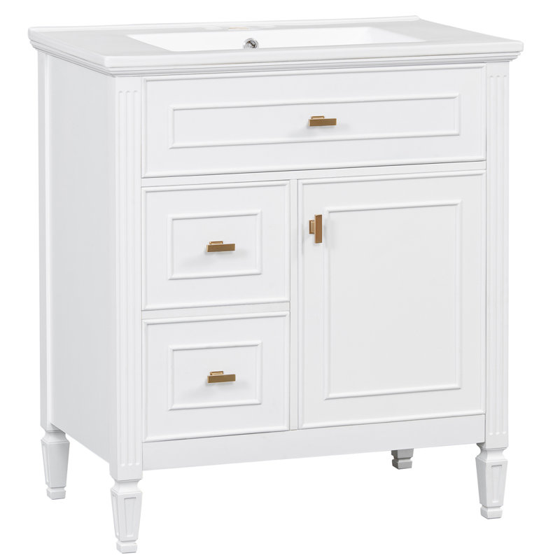 Meuble-lavabo 30 po avec lavabo en céramique, tiroir rabattable, Blanc
