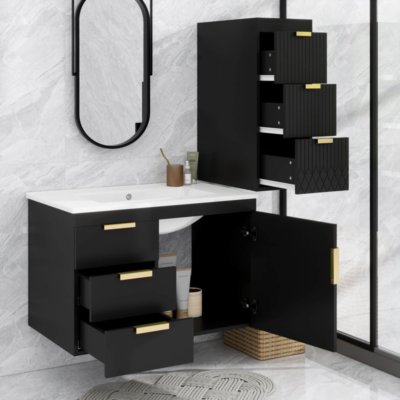 Meuble-lavabo mural 30 po avec meuble-lavabo latéral, meuble-lavabo moderne avec lavabo, Noir