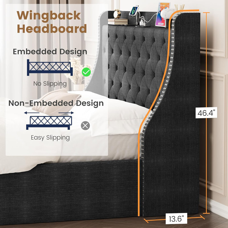 Velvet Bed Frame, Upholstered Platform Bed with Headboard, Wooden Slat Support, No Box Spring Needed, Black