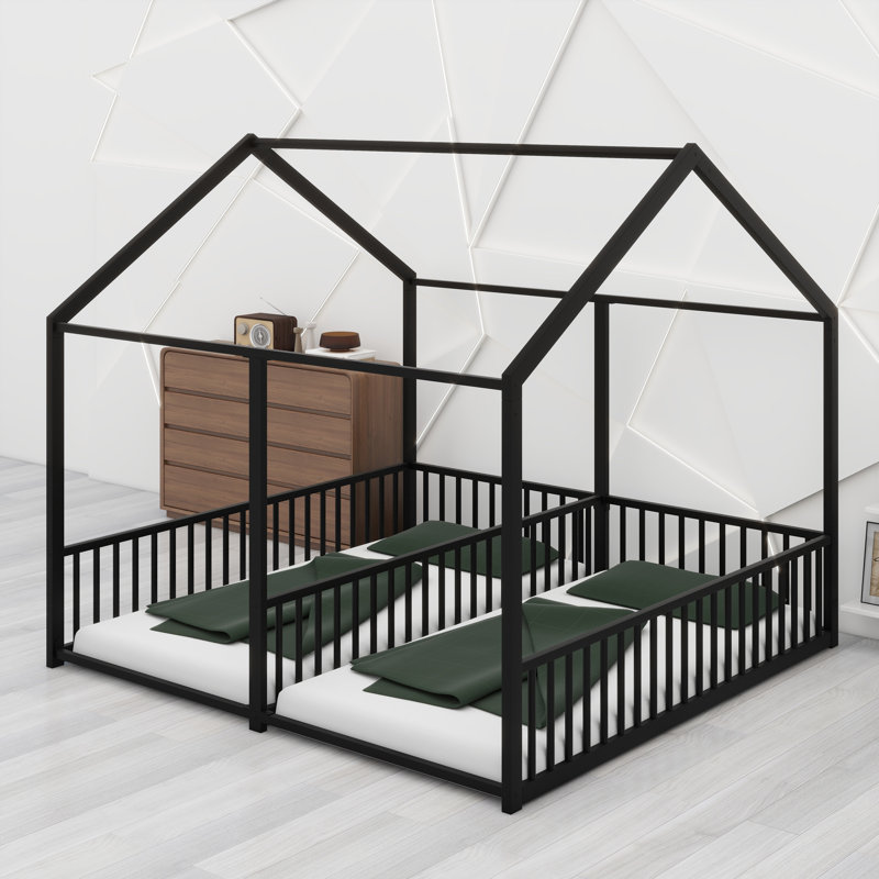 Metal House Platform Bed with Open Concept Design, Black