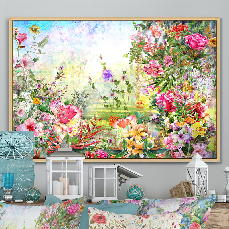 «Vintage Multicolicol Spring Flowers V», reproduction sur toile flottante, H 8 po x l 12 po x P 1 po, Cadre flottant brun
